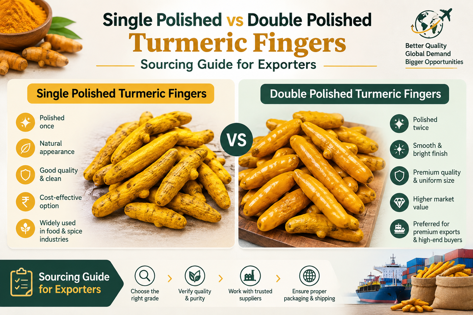 Single Polished vs Double Polished Turmeric Fingers: Sourcing Guide for Exporters
