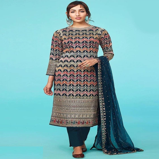 Multicolor Embroidered Suit — Round neck sleeveless