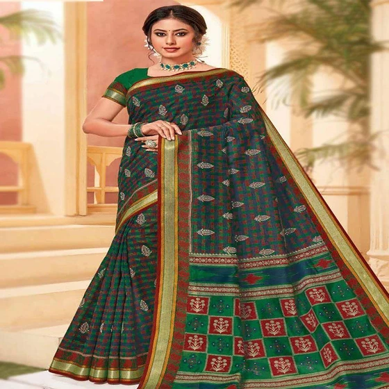 Short Sleeves Cotton Saree — 5 5 meter with blouse