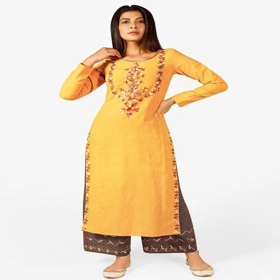 Casual Wear Embroidered Cotton Kurti — Straight style