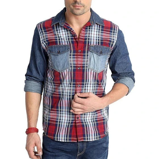 Multicolor Mens Denim Shirt — Long Sleeve Anti Shrink