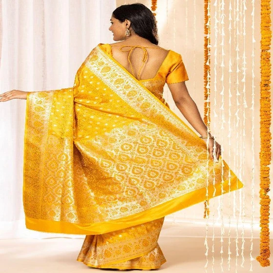 Zari Silk Sarees — Yellow color printed pattern