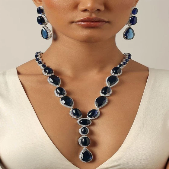 Long Gemstone Necklace — Party wear polished finish