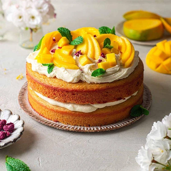 Eggless Mango Glaze Cake — Layered with homemade easy