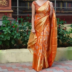 Orange Banarasi Sarees — Gold Zari Motifs And Border