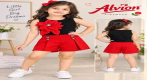 Girls Black Sleeveless Top & Red Shorts Set with Flower Applique | Stylish Kids Co-Ord Set