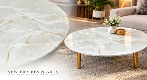 White Marble Effect Epoxy Resin Round Coffee Table with Gold Veining & Taper Legs