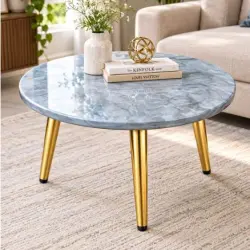 Designer Blue & Grey Epoxy Resin Round Centre Table with Taper Pipe Legs