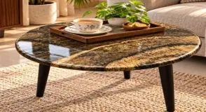 Luxury Black & Gold Artistic Epoxy Resin Round Coffee Table with Taper Legs – NERA MARBLE