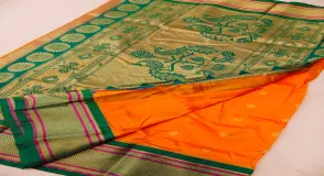 Orange Green Gold-Zari Art Silk Paithani Saree with Peacock Pallu for Festive & Boutique Wear