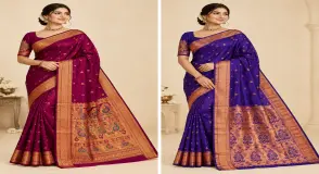 Multi Color Semi Silk Paithani Saree with Double Peacock Pallu & Rich Copper Zari Border