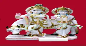Premium Makrana Marble Radha Krishna Statue with Cow Traditional Flute Design, Decorative Hand-Pai