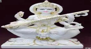 Goddess Saraswati Marble Statue  3.25 Feet Seated Saraswati Mata Idol on Lotus with Gold Detailing