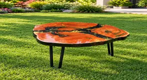 Handcrafted Natural Casting Wood Jigjag Coffee Table with Hairpin Legs -  Black & Gold Color