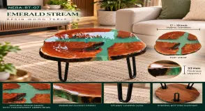 Emerald Green Stream Natural Wood Resin Coffee Table with Hairpin Legs