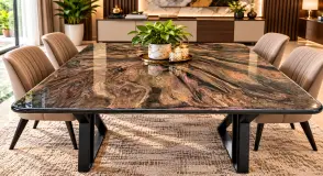 Square Marble-Effect Epoxy Resin Table with Taper Pipe Legs
