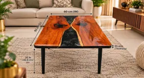 Nera Casting Handcrafted Sheesham Wood River Coffee Table with Black Resin Inlay & Taper Pipe Legs