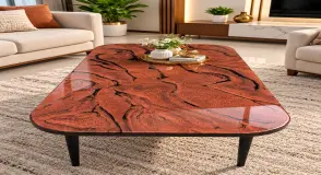 Designer Dining Table in Copper Black Marble Effect Epoxy Resin with Taper Pipe Legs – 4×2 Ft