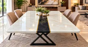 Nera marble Signature Dining Table with White Marble-Effect, Gold Veining & Black-Gold Centre