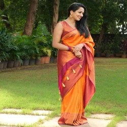 Breathable Orange Cotton Silk Saree — Soft casual wear